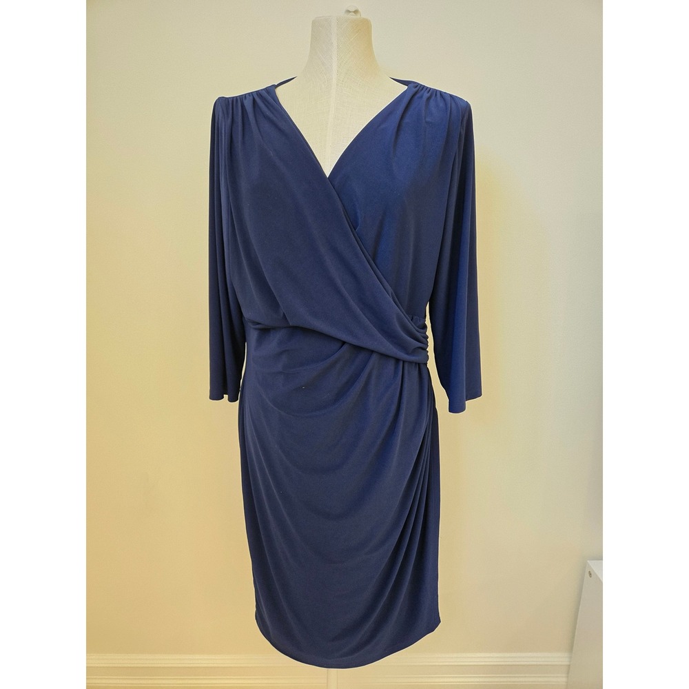 Lauren Ralph Lauren Navy Faux Wrap Ruched Dress Plus Size 16W Elegant Midi